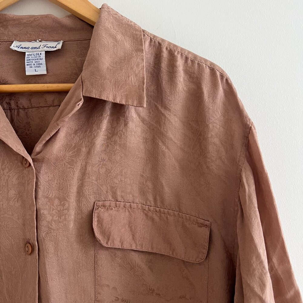 Vintage 100% Silk Jacquard Button Down Blouse Neutral Minimalist Quiet Luxury - Picture 4 of 9